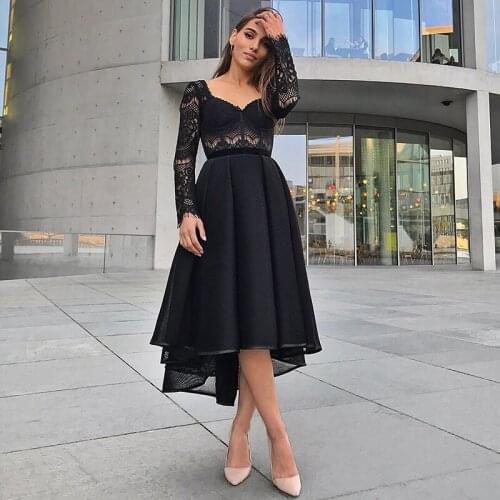 Dubai Evening Dresses Ever Pretty Elegant High Low Long Sleeves V-Neck Lace Chiffon Formal Party Gowns Vestito Donna