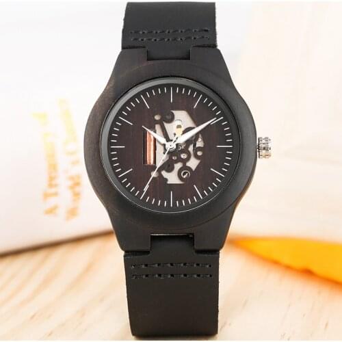 Elegant Women Wood Watch Creative Hollow-out Core Wooden Watches Quartz Movement Black/Brown Genuine Leather Wristwatch Gifts