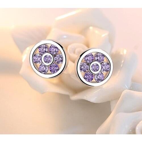 KOFSAC New Trendy 925 Silver Earrings For Women Simple Round Exquisite Purple Zircon Stud Earring Girl Engagement Jewelry Gifts