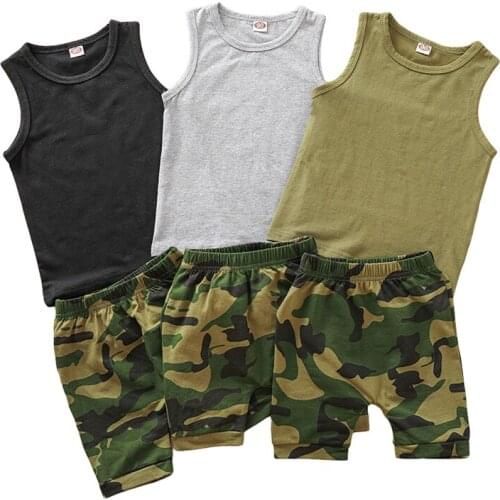 Hot Summer Boy’s Vest and Shorts Suit Fashion Solid Color Sleeveless Tops and Camouflage Short Pants Tracksuit Sets