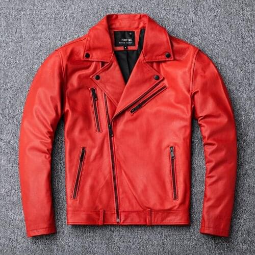 Red Men Leather Jacket Washing Vegetable Tanning Sheepskin Mens Short Slim Motorcycle Leather Jacket