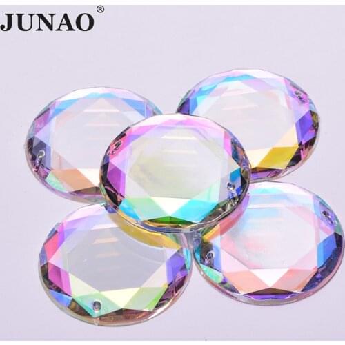 JUNAO 36mm Sew On Crystal AB Rhinestones Big Applique Sewing Clear Crystals Stones Flat Back Round Acrylic Strass for Clothes