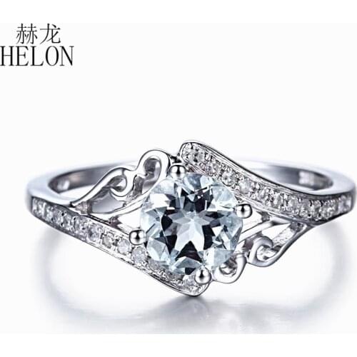 HELON Women Diamond Ring Sterling Silver 925 Flawless Round 6mm Natural Aquamarine Diamond Engagement Wedding Gemstones Ring
