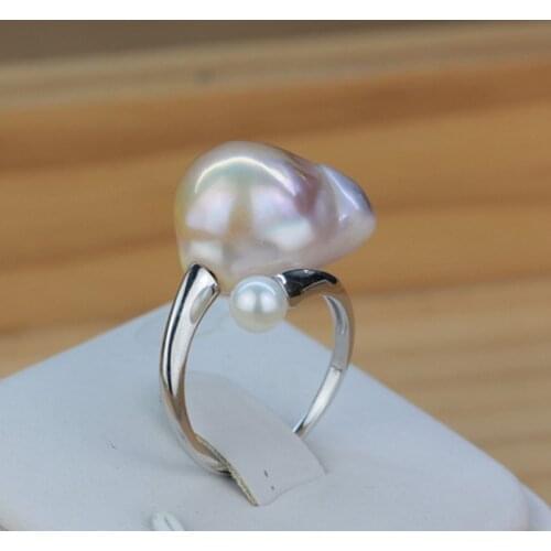 Hot sell Baroque irregular shape natural color cultured genuine pearl beads open end adjustable size ring oversize jewelry