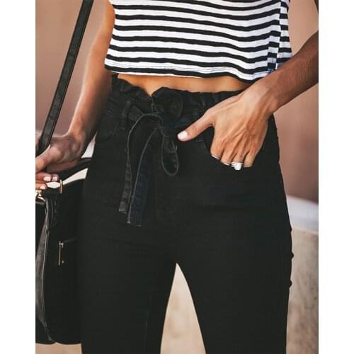 Fashion Ruffled Stretch Slim Denim Skinny Pants Vintage High Waist Lace Up Pencil Pants Women Casual Belt Full Length Trousers