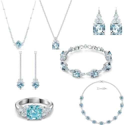 Fashion Ladies Jewelry SPARKLING Sea Blue Series Jewelry Set Lady Earring Necklace and Bracelet Fashion Jewelry