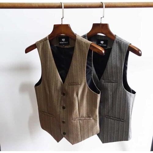 Mens Retro Suit Waistcoat Fashion British Slim Striped Vest Korean Youth Sleeveless Jacket Office Party Smart Casual Clothing