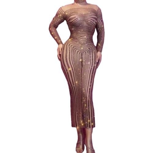 New Flashing Rhinestone Transparent Long Dress Women Dancer Singer Bar Prom Costume Outfit Birthday Evening Show Dress