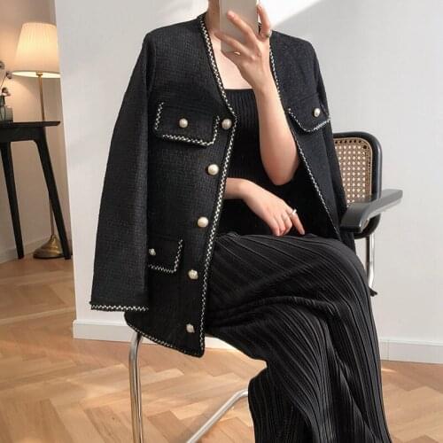 New style woolen coat light mature women medium long overcoat winter elegant tweed all-matched lady fashion black creamy-white