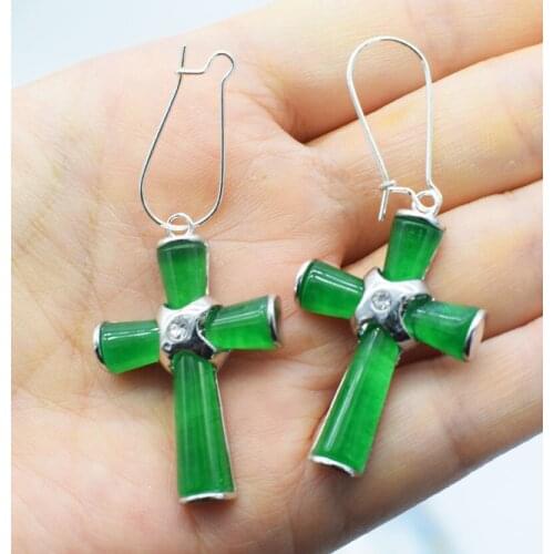 One pair green jasper cross hook earrings wholesale beads FPPJ 25*35mm