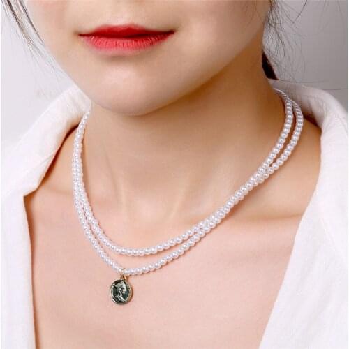 Multilayer Imitation Pearl Choker Necklace for Women Elegant White Pearls Clavicle Chain Coin Pendant Necklace Wedding Jewelry