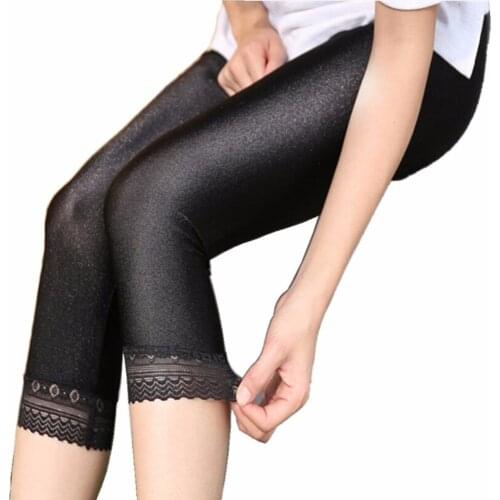 DOUBCHOW 2018 Womens Elastic High Waist Sexy Skinny Capris Lengging Pants Solid Black Maiden Capris With Lace Plus Size S-5XL