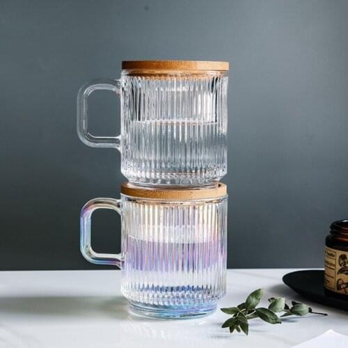 Striped Glass Cup Mug Transparent Glass Teacup With Handle Cup lid High Temperature Water Cup Milk Coffee Drinkware Water Glass