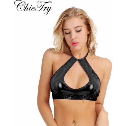 Fashion Women Ladies Shiny Metallic Faux Leather Sleeveless Halter Neck Cut Out Strappy Crop Tops Vest for Dance Performance