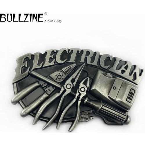 The Bullzine Electrician belt buckle with pewter finish FP-02631 with continous stock suitable for 4cm width belt
