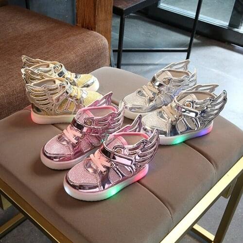 2019 Winter Light Shoes Baby Girls Casual Shoes Kids LED Glowing Shoes Girls Wings Shoes Non-slip Shoes Children Sneakers