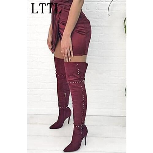 LTTL Sexy Women Gold Rivets Motorcycle Boots Thigh High Boots Woman High Heel Black Deep Blue Wine Red Over The Knee Boots Botas