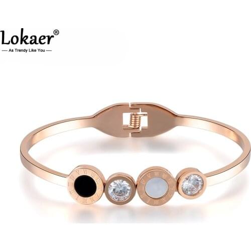 Lokaer Roman Number Cubic Zirconia Bangles For Women Stainless Steel White & Black Shell Lover Charm Bracelets & Bangles B17022