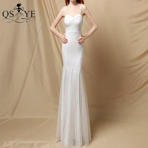 White Prom Dresses Spaghetti Straps Sequin Bride Gown Mermaid Formal Party Dress Sweetheart Ruched Neckline Evening Dress New