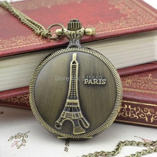 50pcs/lot Bronze Eiffel Tower Real Pocket Watch Top Quality Watch Necklace Gift Watch Factory Price Wholesale