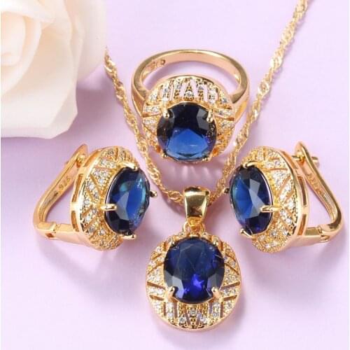 Dubai Gold Color Jewelry Sets For Women AAA+ Quality Blue Cubic Zirconia Clip Earrings And Necklace 7-Color Bridal Sets