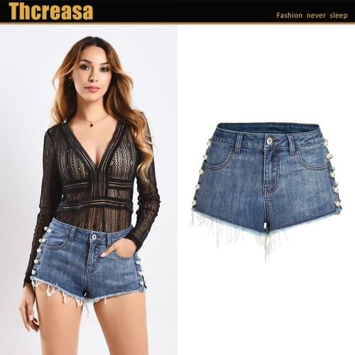 European and American Jeans Women Pearl Rivet Wash Jeans Shorts Womens Sexy Hip-Lift Wool Shorts