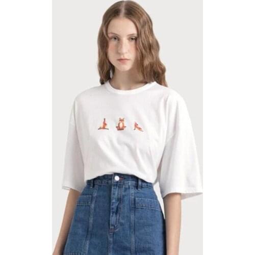 Summer Casual Loose Fox Print Cotton T-Shirt Female Fashion Slim White O-Neck Short Sleeve Top Lovers High Street Brand Tee ML33