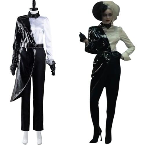 Cruella Cosplay Costume Black White Shirt Coat Pants Outfits Halloween Carnival Suit