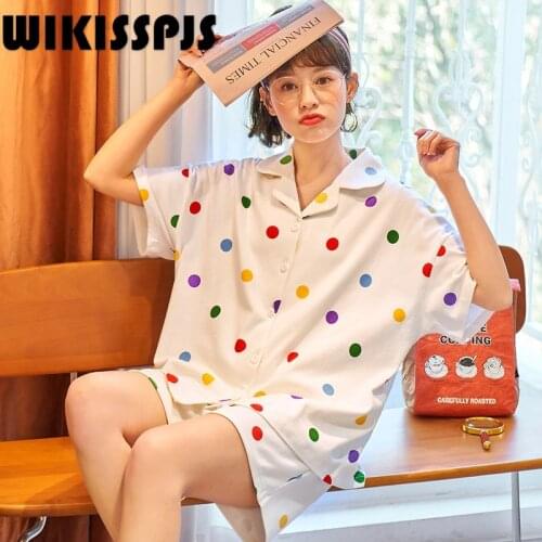Summer New Cotton Short Sleeves Lapel Small Fresh Wave Dot Cardigan Leisure Home Clothes Lounge Wear Kawaii Pajama Sleep Tops