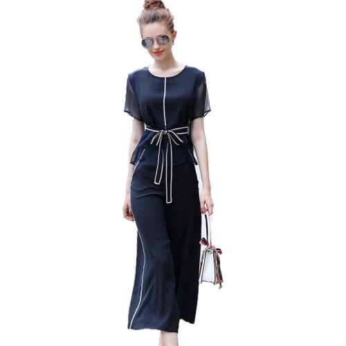 European American Fashion Suit 2019 Summer New Chiffon Shirt Wide Leg PantsTwo-Piece Set Suit Elegant Temperament Ladies Suit