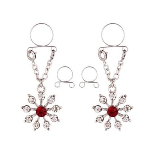 MODRSA 2pcs Sexy Cross Flower Crystal Nipple Ring Non pierced Clip On Nipple Ring Adjustable Tassel Fake Piercing Body Jewelry