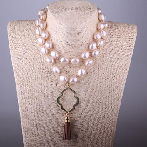 MOODPC Free Shipping Bohemian Jewelry Pearl And Lip Pendant Brown Tassel Necklace For Women