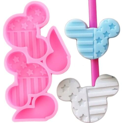 Mouse Head American Flag Straw Topper Silicone Molds Fondant Cake Decorating Keychains Epoxy Resin Mould Candy Chocolate Moulds