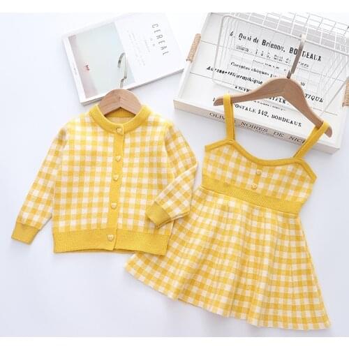 2021 Girls 2pcs Clothes Set Baby Autumn Winter Sweet Sweater Coat&Dress Warm Knit Outfits for 1-6T Casual Children Costume