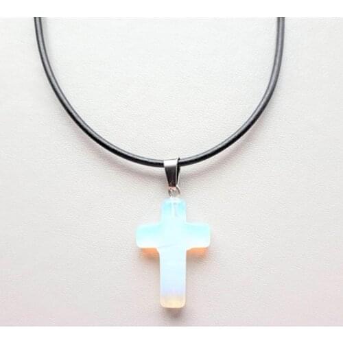 Cross Shape Natural Stone Beads Pendant Necklace Couples Black Leather Rope Quartz Crystal Pendants Choker Women Men Jewelry