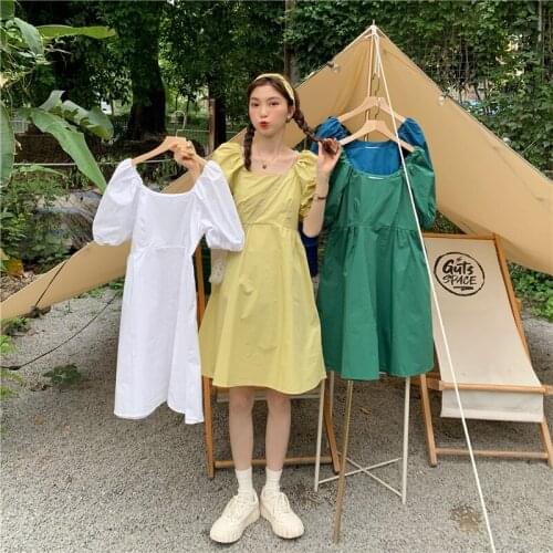 Women Summer Dress Retro Wild Simple Solid Mini Dress Puff Sleeve Square Neck Vintage Mid Dress With Same Color Hair Band New