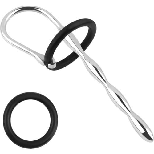 Stainless steel Male Small size urethral beads plug penis dilator with silicone cock ring sex toy man