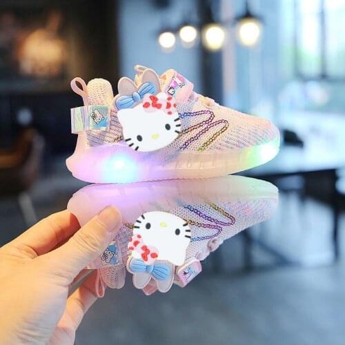 Sanrio childrens cartoon hello kitty boys girls non-slip soft Light up casual shoes sports shoes student running shoes LED