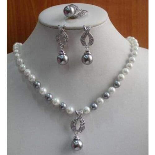 Silver Hot Jewelry 8mm12mm red blue Purple yellow pink black Jade shell pearl Pendant Necklace Earring Ring Set