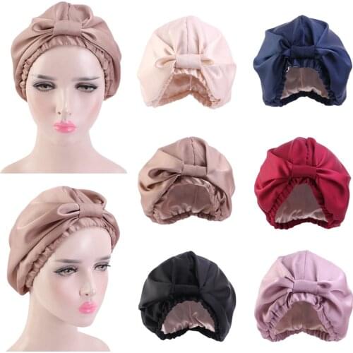 Women Satin Night Sleep Cap Elastic Knot Hair Care Bonnet Faux Silk Beanies Sleeping Hat Head Scarf Ladies Headwear Shower Caps