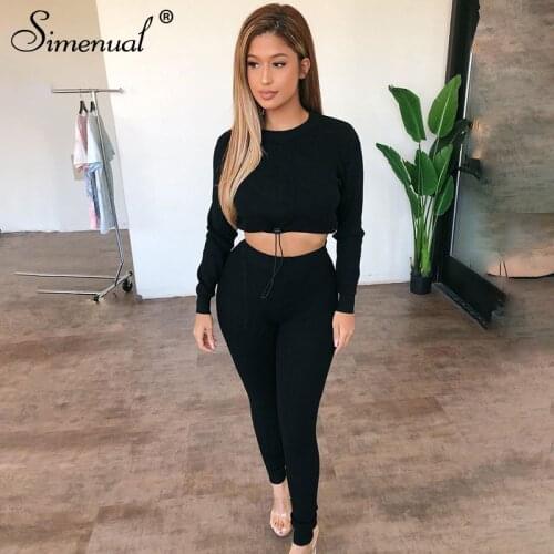 Simenual Solid Sporty Workout Crop Top And Pants Matching Sets Long Sleeve Ribbed Fall 2021 Women Clothing Casual 2 Piece Outfit