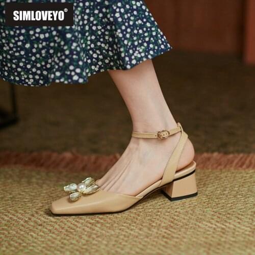 SIMLOVEYO 2021 Summer New Sandals Pearl Flowers Pointed Toe Ankle Buckle Strap Slingbacks 4.5cm High Chunky Heels Big Size 33-41