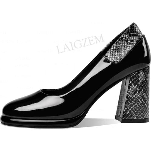 LAIGZEM Women Pumps Real LEATHER Chunky 8.5CM Heels Shiny Slip On Office Ladies Talon Female Shoes Woman Big Size 33 38 40 41 43