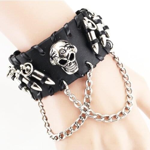 Unisex Black PU Leather Cool Bracelet Punk Bullet Wristband Adjustable Skull Metal Chain Bracelet Punk Biker Rock Gothic