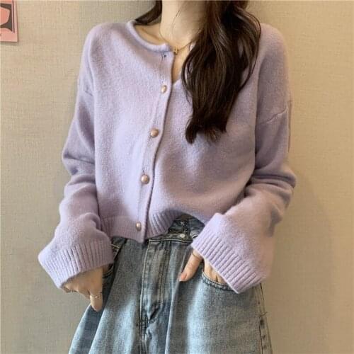Vintage Elegant Purple Knitted Cardigan Women O-Neck Pearl Button Short Sweater Female Outerwear Korean Long Sleeve Knitwear Top