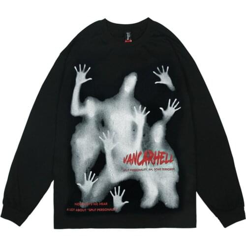 EukaaRu Ghost Print Long Sleeve T-shirt Womens BF Lazy Style Round Neck T-shirt Street Fashion Loose Bottomed Shirt Top Tees