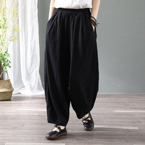 Plus Size Women Cotton Pants Summer Elastic Waist Loose Casual White Harem Pants Womens Pocket Cotton Linen Trousers
