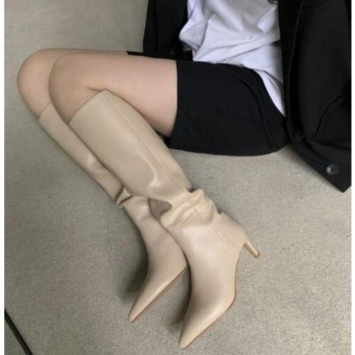 Nude Black Soft Leather Knee High Boots Woman Slip On Pleated Stiletto Heel Boots Pointed Toe 55 mm High Heel Dress Shoes