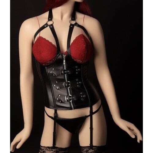 Goth Leather Harness Cupless Bra Set Stockings Garter Sexy Erotic Body Bondage Lingerie Sword Belt Womens BDSM Clothing Corset