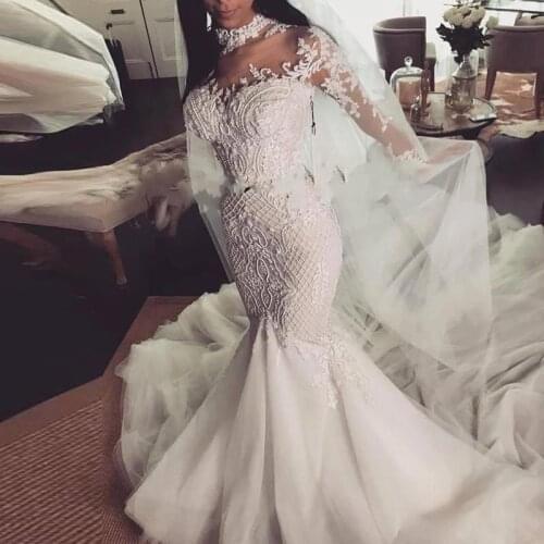 Arabic Lace Mermaid Wedding Dresses High Neck Full Sleeves Vintage Bridal Gowns 2021 Long Chapel Train Vestidos De Novia Plus